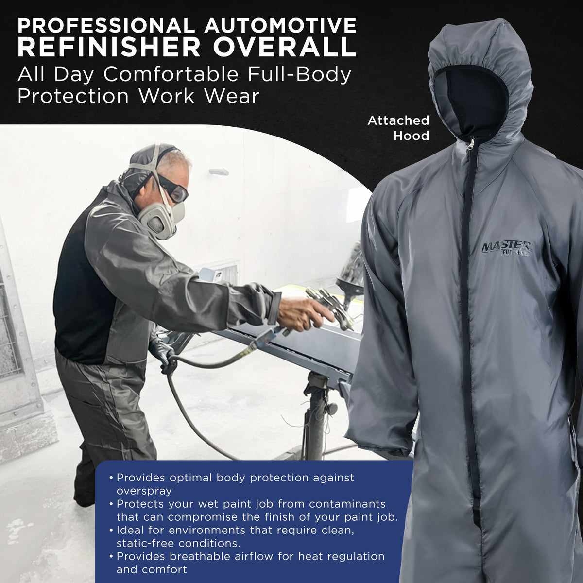 Reusable Anti-Static Automotive Paint Suit (Medium) - Breathable Protective Auto Spray Paint Coveralls with Hood & Mesh Back - Polyester