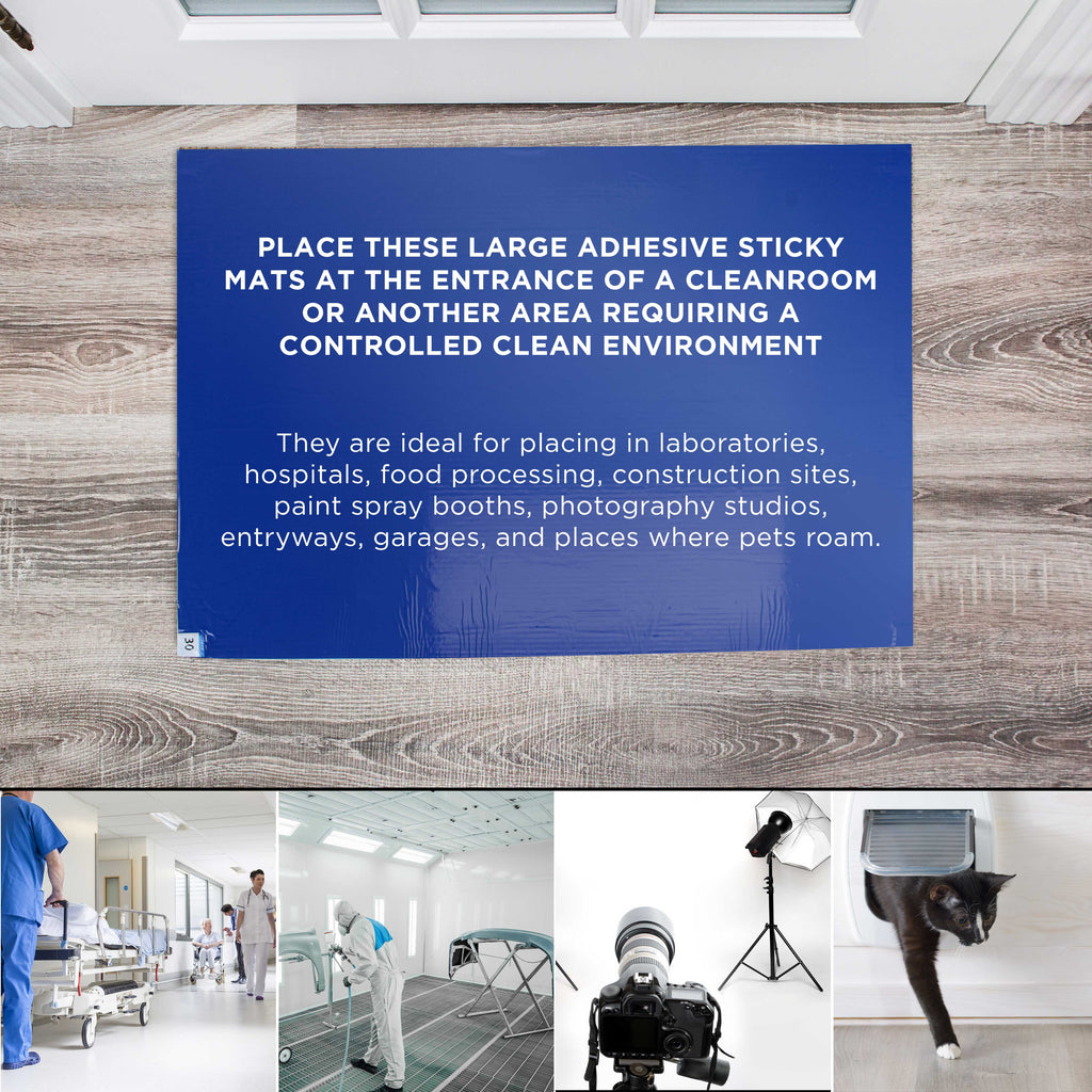 Sticky Tacky Adhesive Cleanroom Floor Mats, 24" x 36", 4 Packs of 30 Blue Sheets - Trap Debris, Laboratory, Spray Booth, Construction
