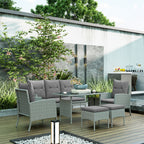 5 Seater Rattan Garden Furniture Set W/ 2 Armchairs, Sofa, Footstools & Glass Table, Grey