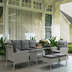 5 Seater Rattan Garden Furniture Set W/ 2 Armchairs, Sofa, Footstools & Glass Table, Grey