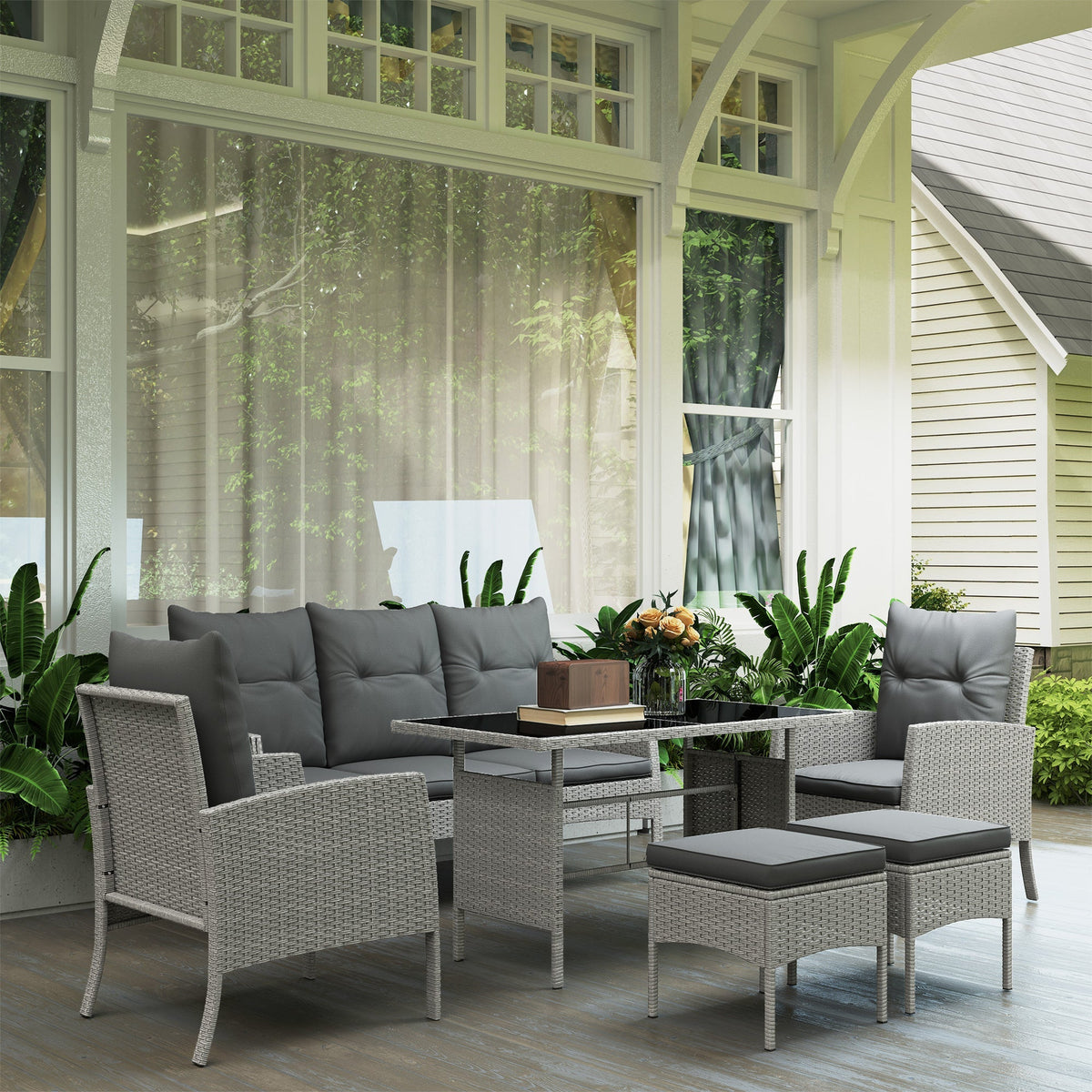 5 Seater Rattan Garden Furniture Set W/ 2 Armchairs, Sofa, Footstools & Glass Table, Grey