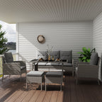 5 Seater Rattan Garden Furniture Set W/ 2 Armchairs, Sofa, Footstools & Glass Table, Grey
