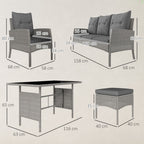 5 Seater Rattan Garden Furniture Set W/ 2 Armchairs, Sofa, Footstools & Glass Table, Grey