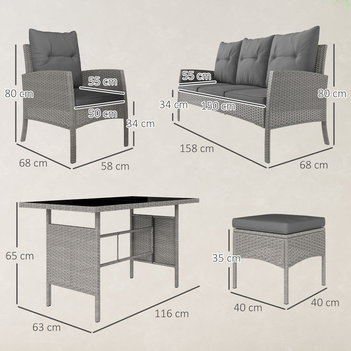 5 Seater Rattan Garden Furniture Set W/ 2 Armchairs, Sofa, Footstools & Glass Table, Grey