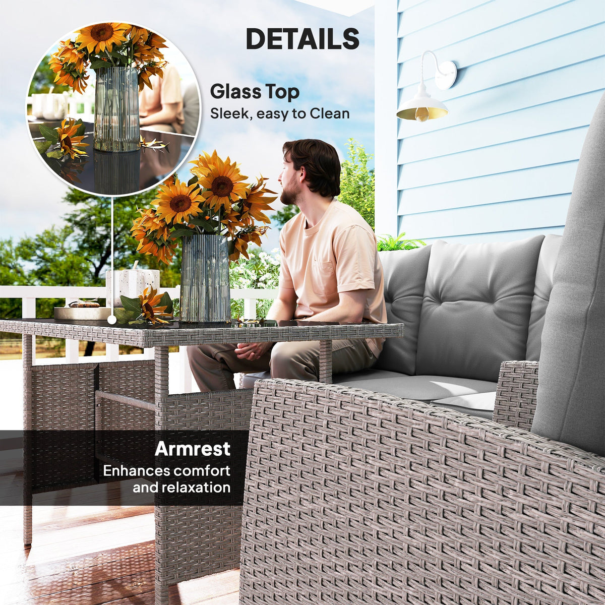 5 Seater Rattan Garden Furniture Set W/ 2 Armchairs, Sofa, Footstools & Glass Table, Grey