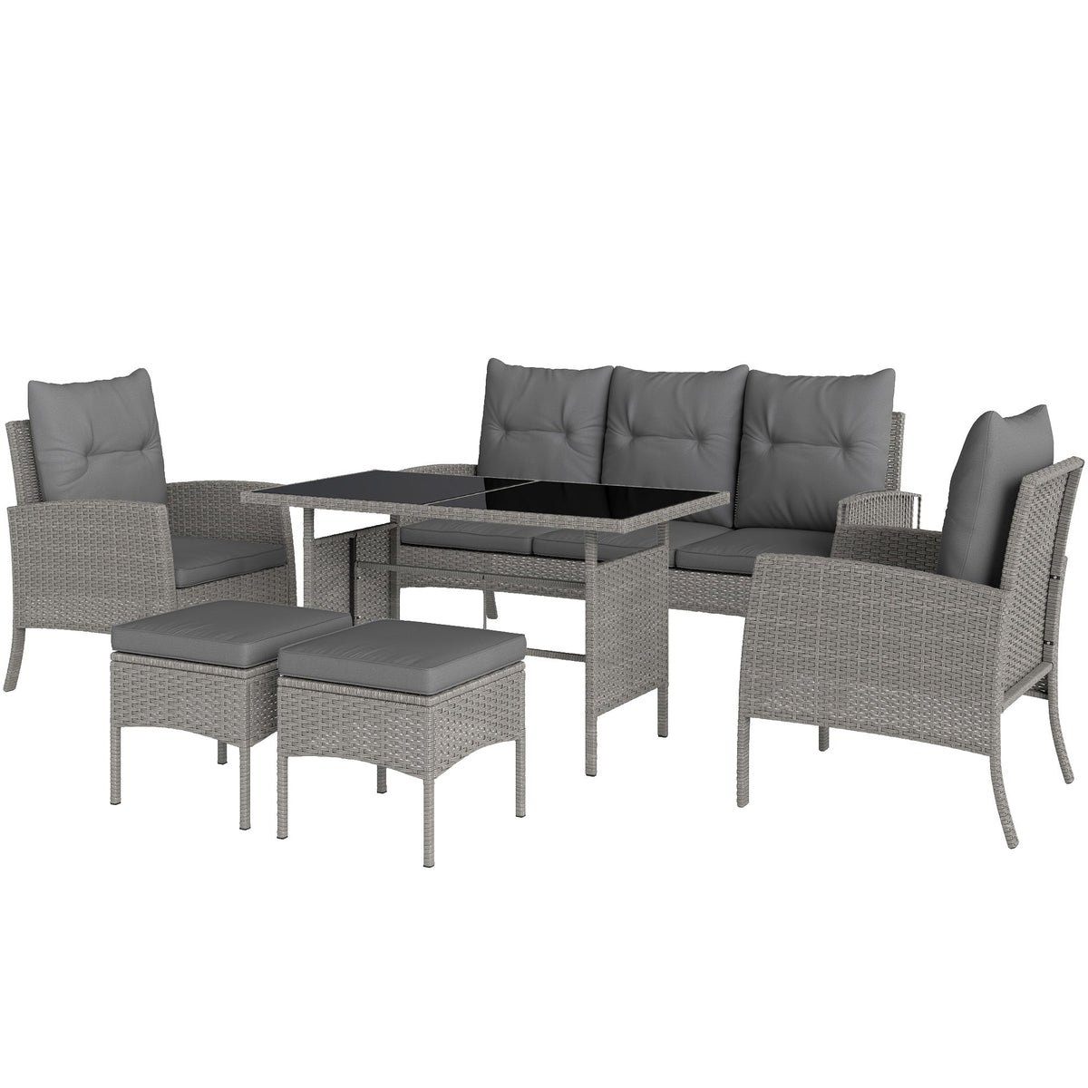5 Seater Rattan Garden Furniture Set W/ 2 Armchairs, Sofa, Footstools & Glass Table, Grey