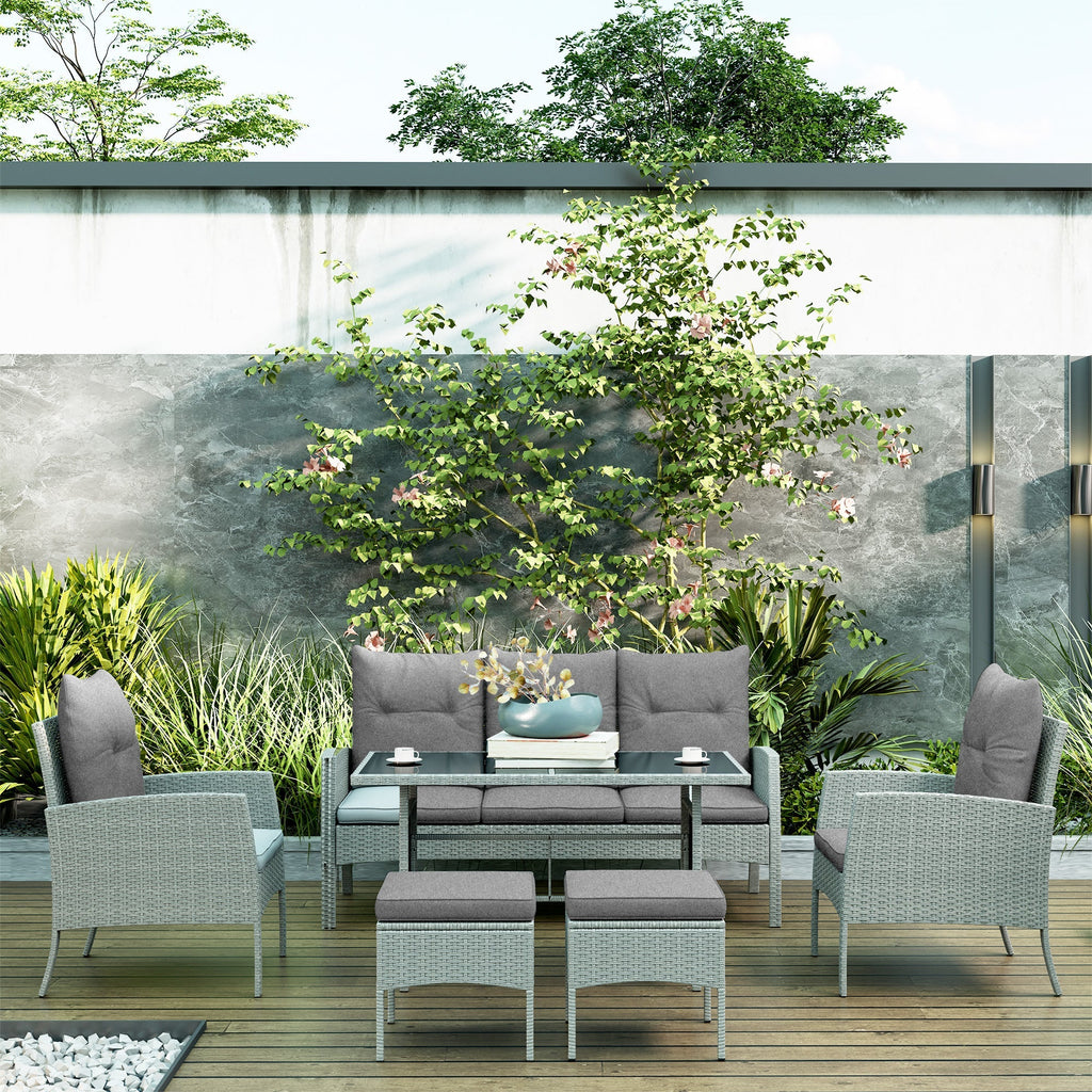 5 Seater Rattan Garden Furniture Set W/ 2 Armchairs, Sofa, Footstools & Glass Table, Grey