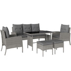 5 Seater Rattan Garden Furniture Set W/ 2 Armchairs, Sofa, Footstools & Glass Table, Grey
