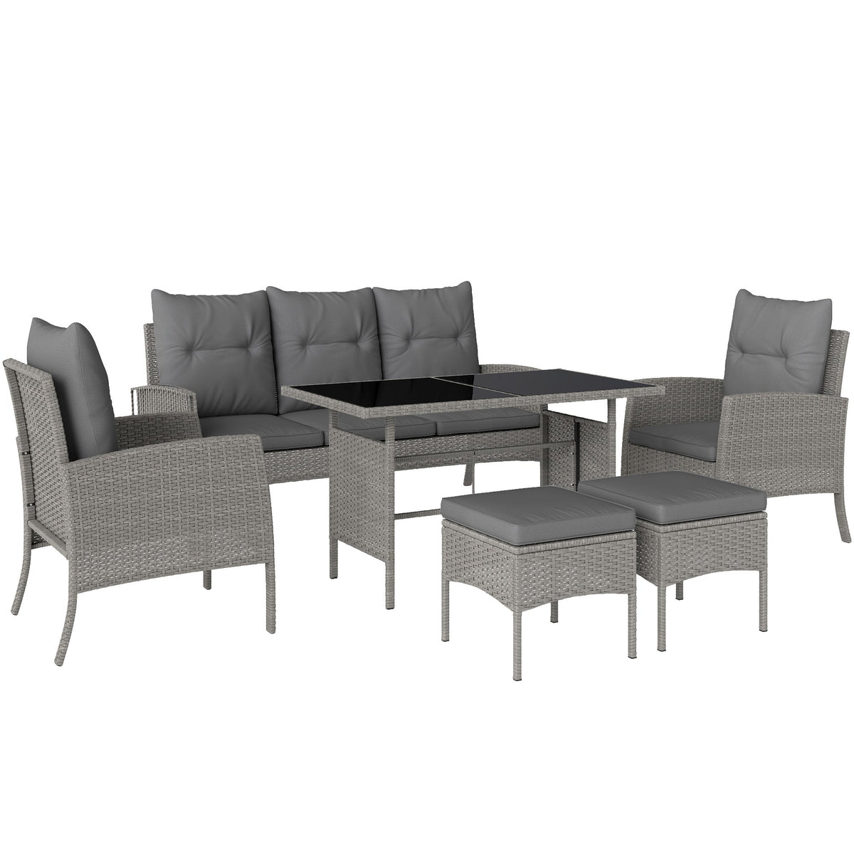 5 Seater Rattan Garden Furniture Set W/ 2 Armchairs, Sofa, Footstools & Glass Table, Grey