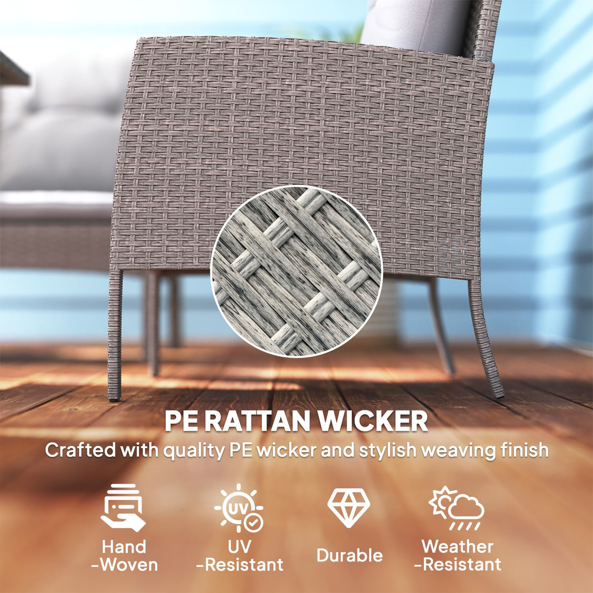 5 Seater Rattan Garden Furniture Set W/ 2 Armchairs, Sofa, Footstools & Glass Table, Grey