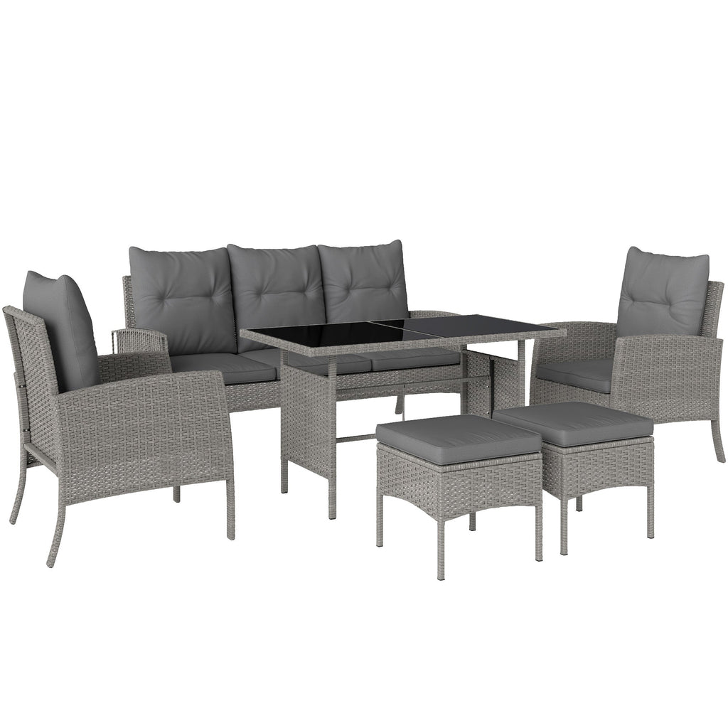 5 Seater Rattan Garden Furniture Set W/ 2 Armchairs, Sofa, Footstools & Glass Table, Grey