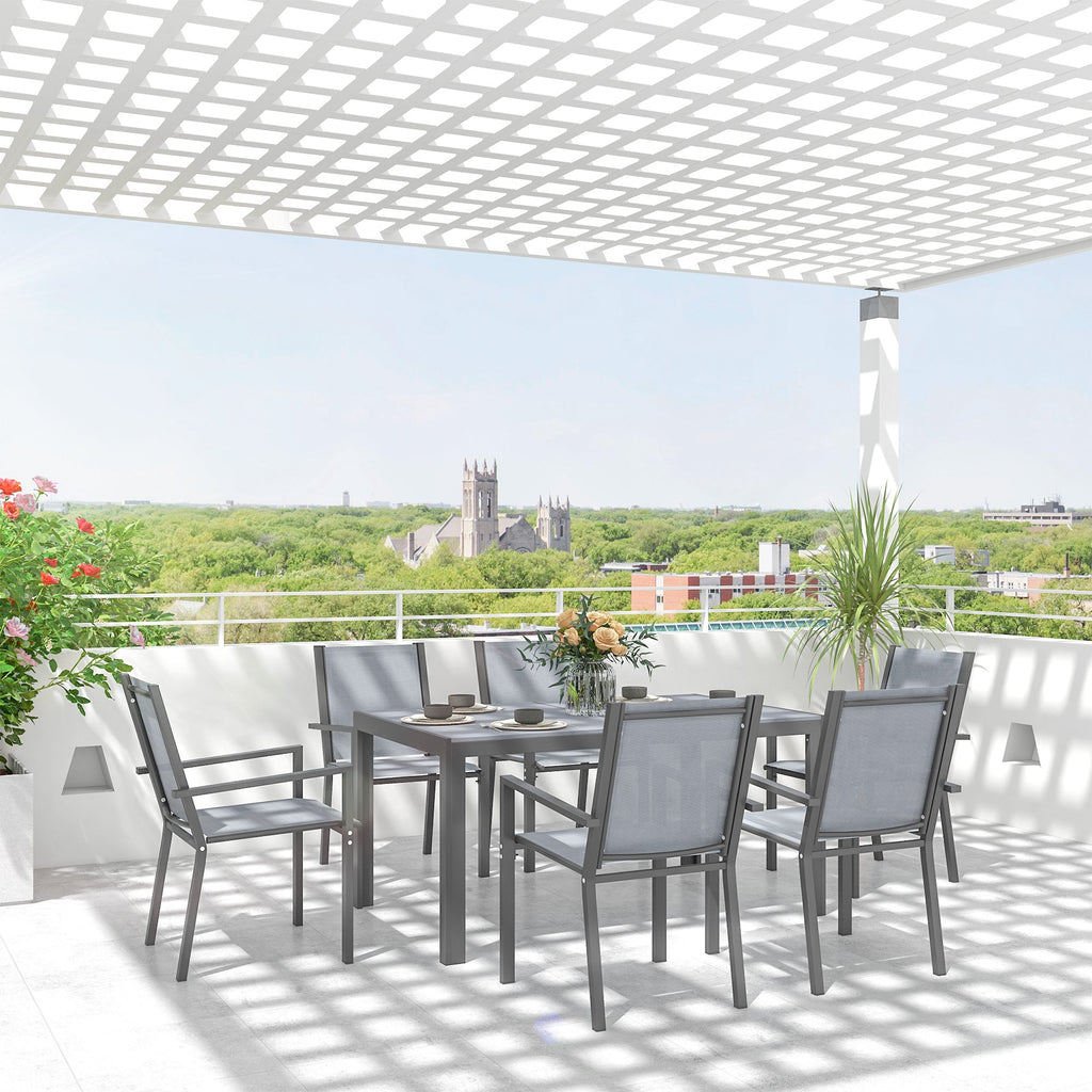 6 Seater Garden Dining Set with Stackable Armchairs, WPC Top Dining Table, Outdoor Table and Chairs, Garden Furniture Set, Light Grey