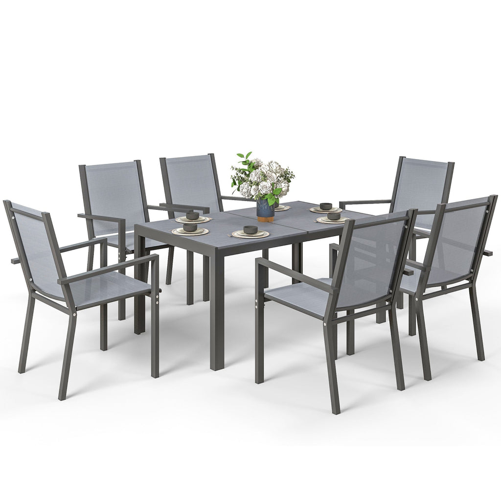 6 Seater Garden Dining Set with Stackable Armchairs, WPC Top Dining Table, Outdoor Table and Chairs, Garden Furniture Set, Light Grey