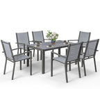 6 Seater Garden Dining Set with Stackable Armchairs, WPC Top Dining Table, Outdoor Table and Chairs, Garden Furniture Set, Light Grey