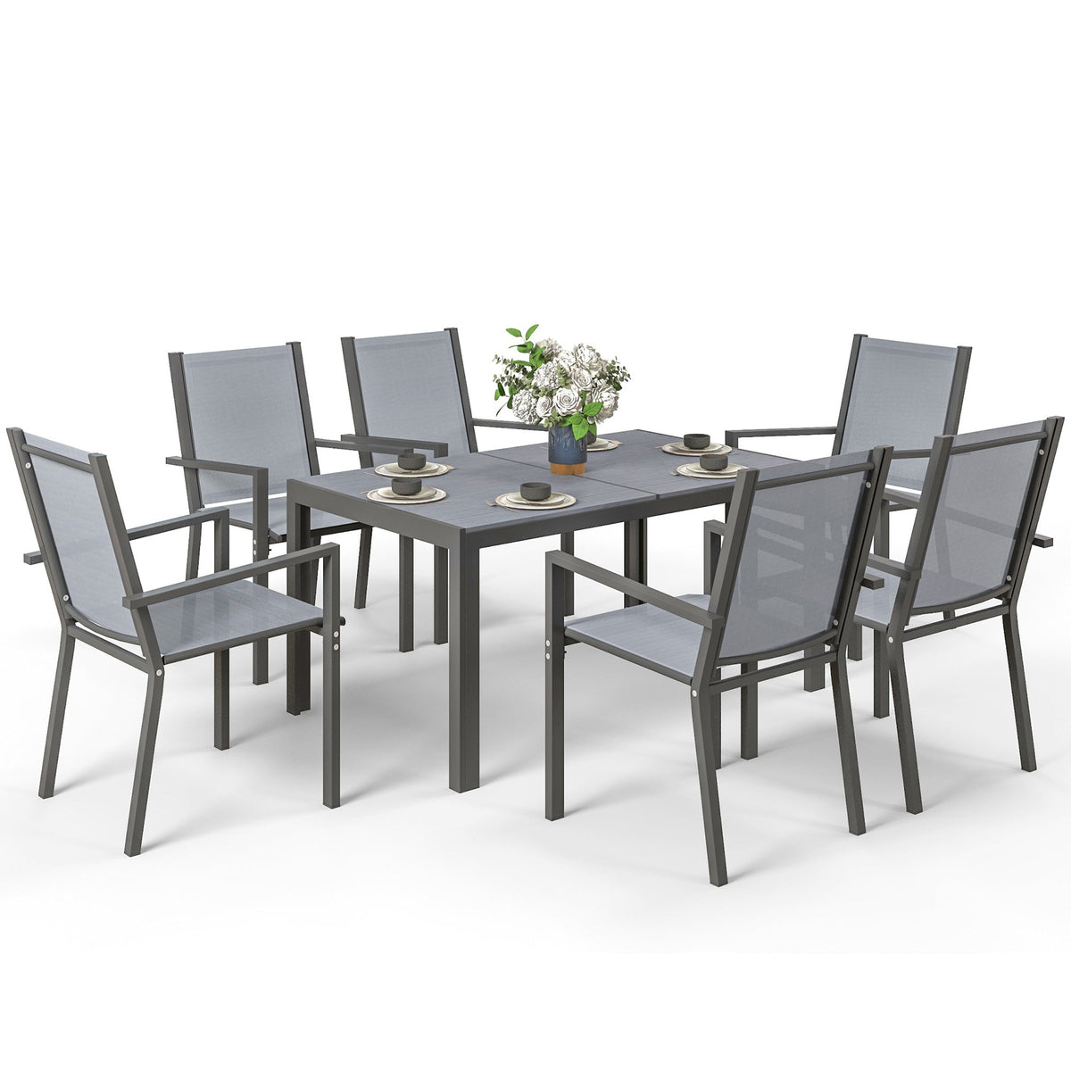 6 Seater Garden Dining Set with Stackable Armchairs, WPC Top Dining Table, Outdoor Table and Chairs, Garden Furniture Set, Light Grey