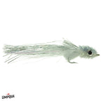 Murdich Minnow #1/0 fishing lure with a silver-gray synthetic body, realistic eyes, and delicate fiber tail designed for mimicking small baitfish in fishing tackle.