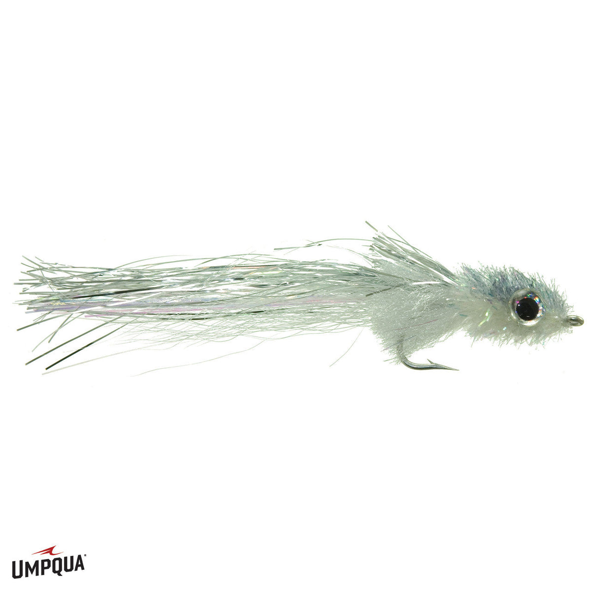 Murdich Minnow #1/0 fishing lure with a silver-gray synthetic body, realistic eyes, and delicate fiber tail designed for mimicking small baitfish in fishing tackle.