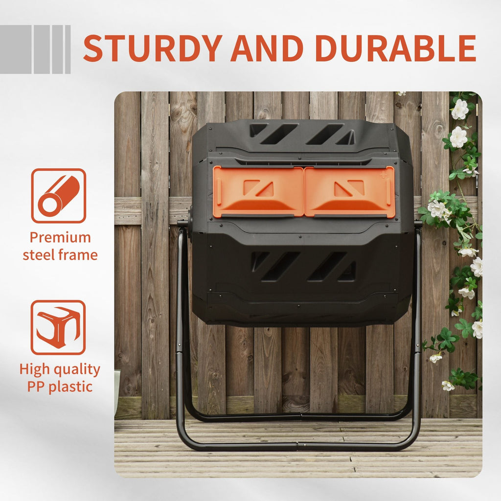 Tumbling Compost Bin Outdoor 360 Degrees Dual Chamber Rotating Composter 43 Gallon, Orange