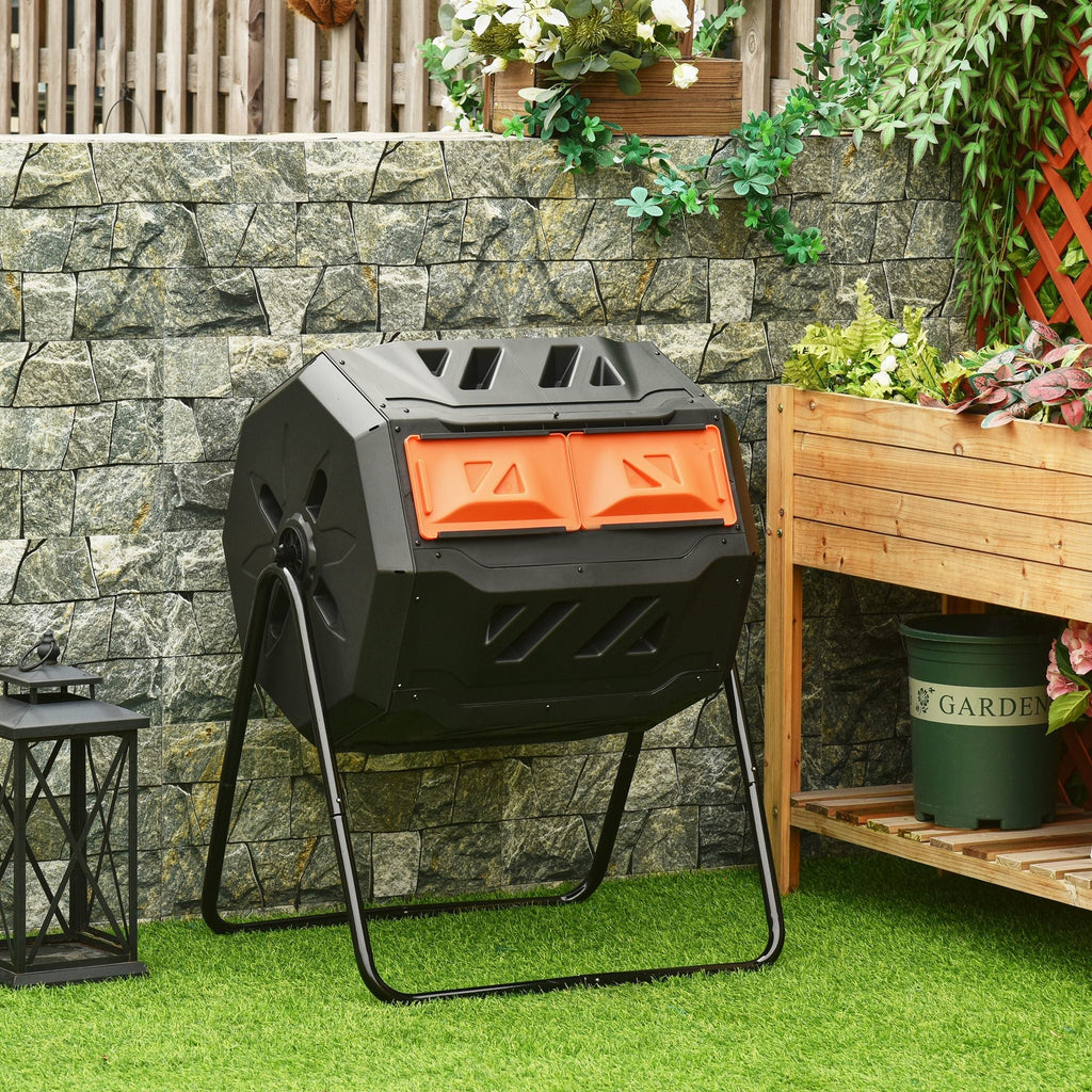 Tumbling Compost Bin Outdoor 360 Degrees Dual Chamber Rotating Composter 43 Gallon, Orange