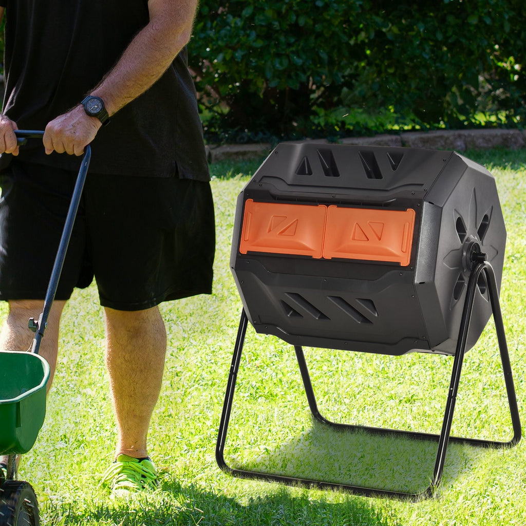 Tumbling Compost Bin Outdoor 360 Degrees Dual Chamber Rotating Composter 43 Gallon, Orange