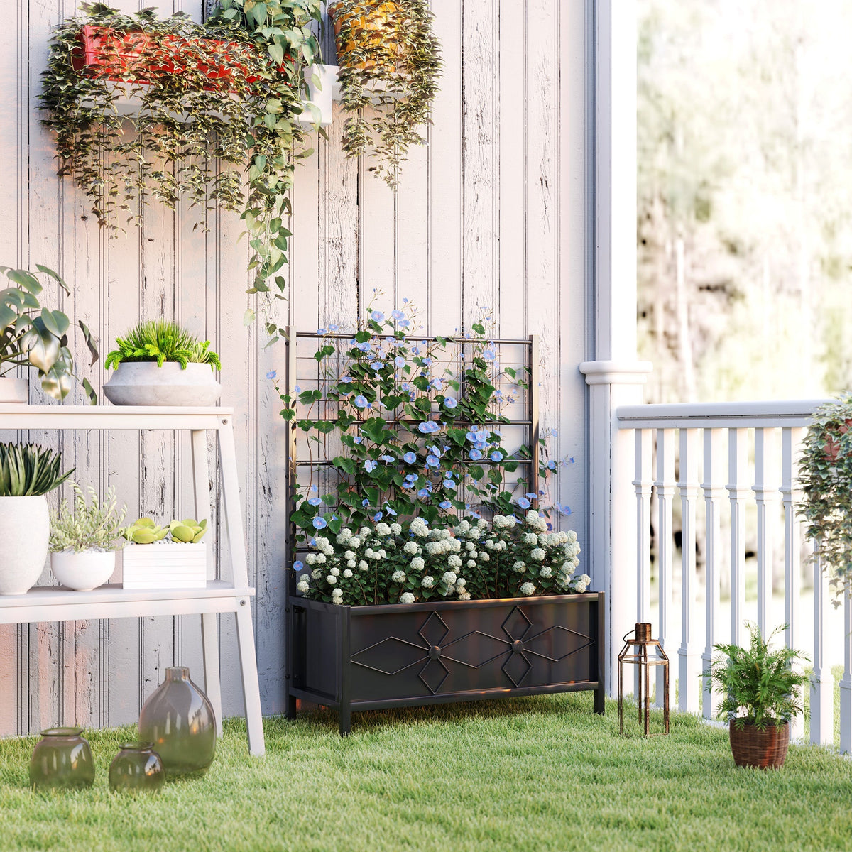 Raised Bed for Garden with Trellis, Galvanised Planter Box with Diamond Pattern, Drainage Holes for Vegetables, Herbs and Flowers, 90 x 40 x 120 cm, Black