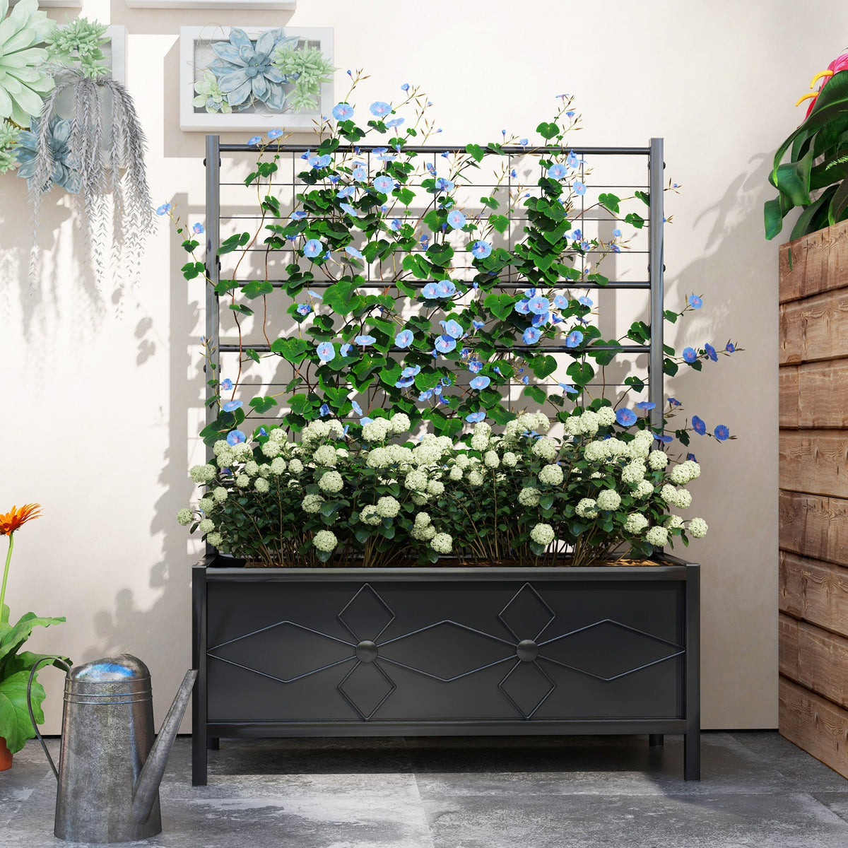 Raised Bed for Garden with Trellis, Galvanised Planter Box with Diamond Pattern, Drainage Holes for Vegetables, Herbs and Flowers, 90 x 40 x 120 cm, Black