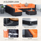 7-Piece PE Rattan Sectional Sofa Set with Glass Top and Cushions, Orange
