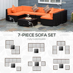 7-Piece PE Rattan Sectional Sofa Set with Glass Top and Cushions, Orange