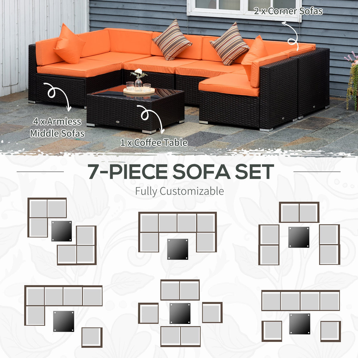 7-Piece PE Rattan Sectional Sofa Set with Glass Top and Cushions, Orange
