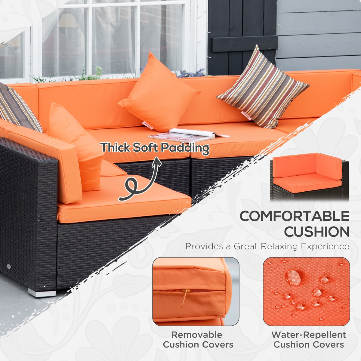 7-Piece PE Rattan Sectional Sofa Set with Glass Top and Cushions, Orange