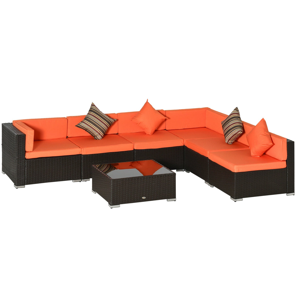 7-Piece PE Rattan Sectional Sofa Set with Glass Top and Cushions, Orange