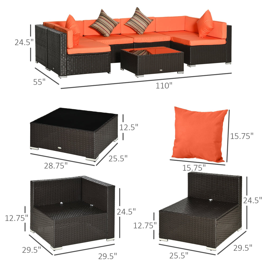 7-Piece PE Rattan Sectional Sofa Set with Glass Top and Cushions, Orange