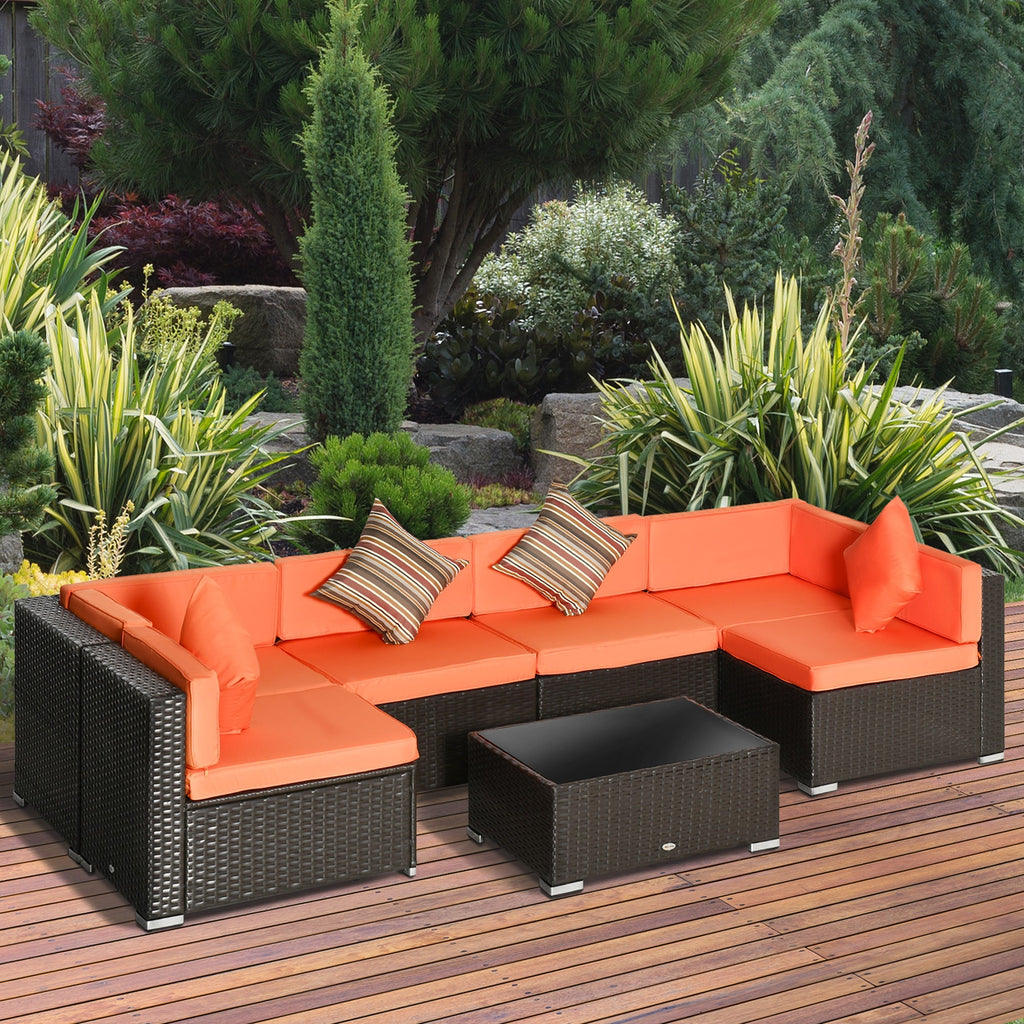7-Piece PE Rattan Sectional Sofa Set with Glass Top and Cushions, Orange