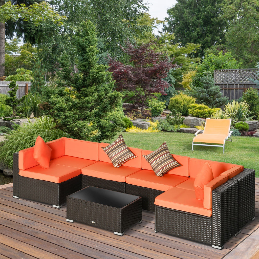 7-Piece PE Rattan Sectional Sofa Set with Glass Top and Cushions, Orange