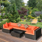 7-Piece PE Rattan Sectional Sofa Set with Glass Top and Cushions, Orange