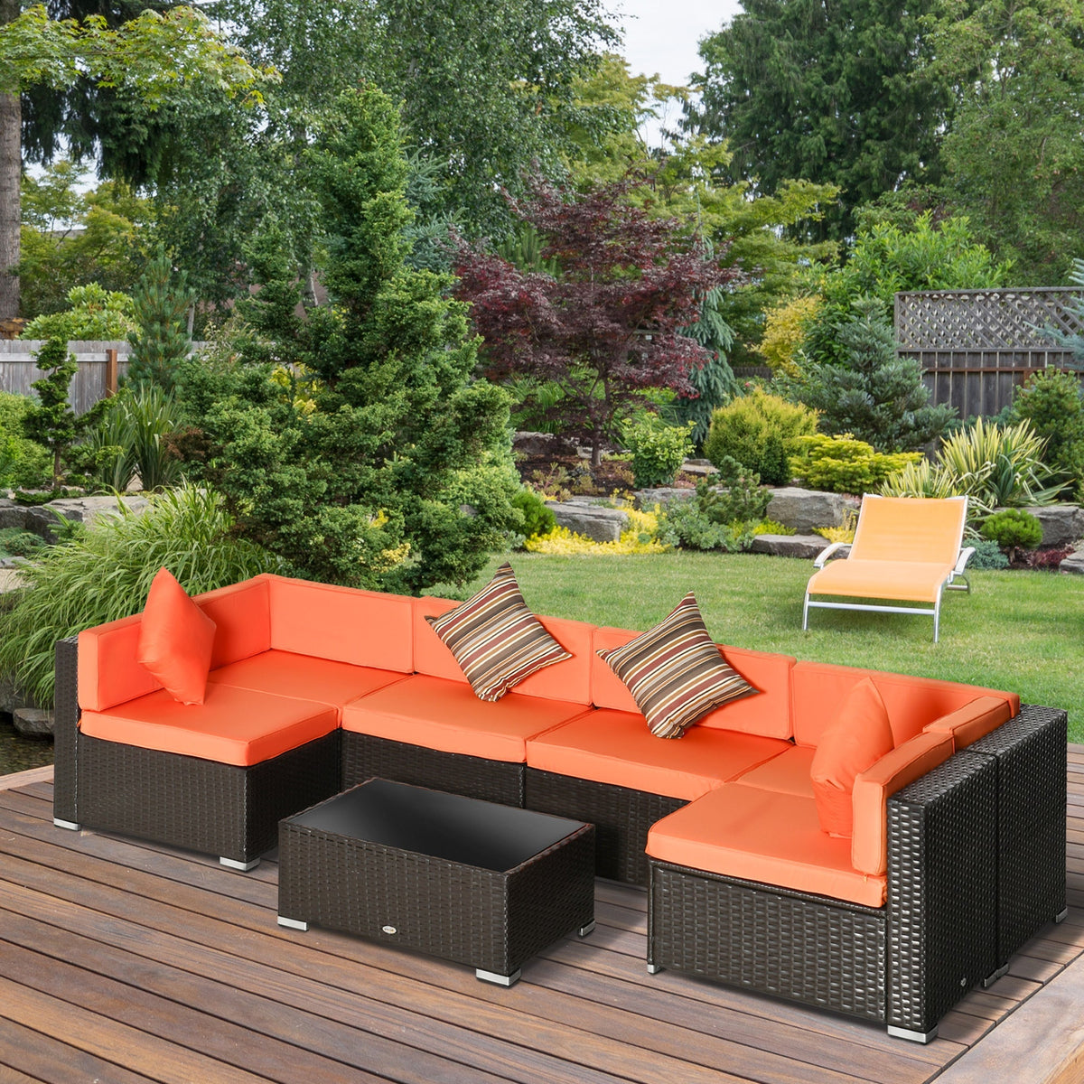 7-Piece PE Rattan Sectional Sofa Set with Glass Top and Cushions, Orange