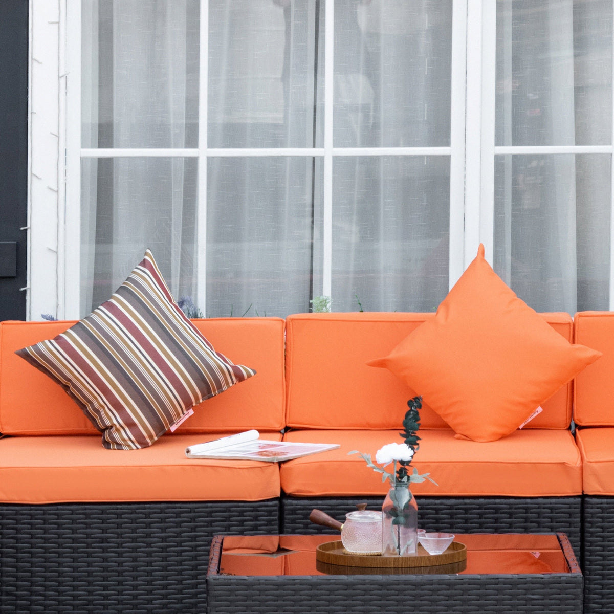 7-Piece PE Rattan Sectional Sofa Set with Glass Top and Cushions, Orange
