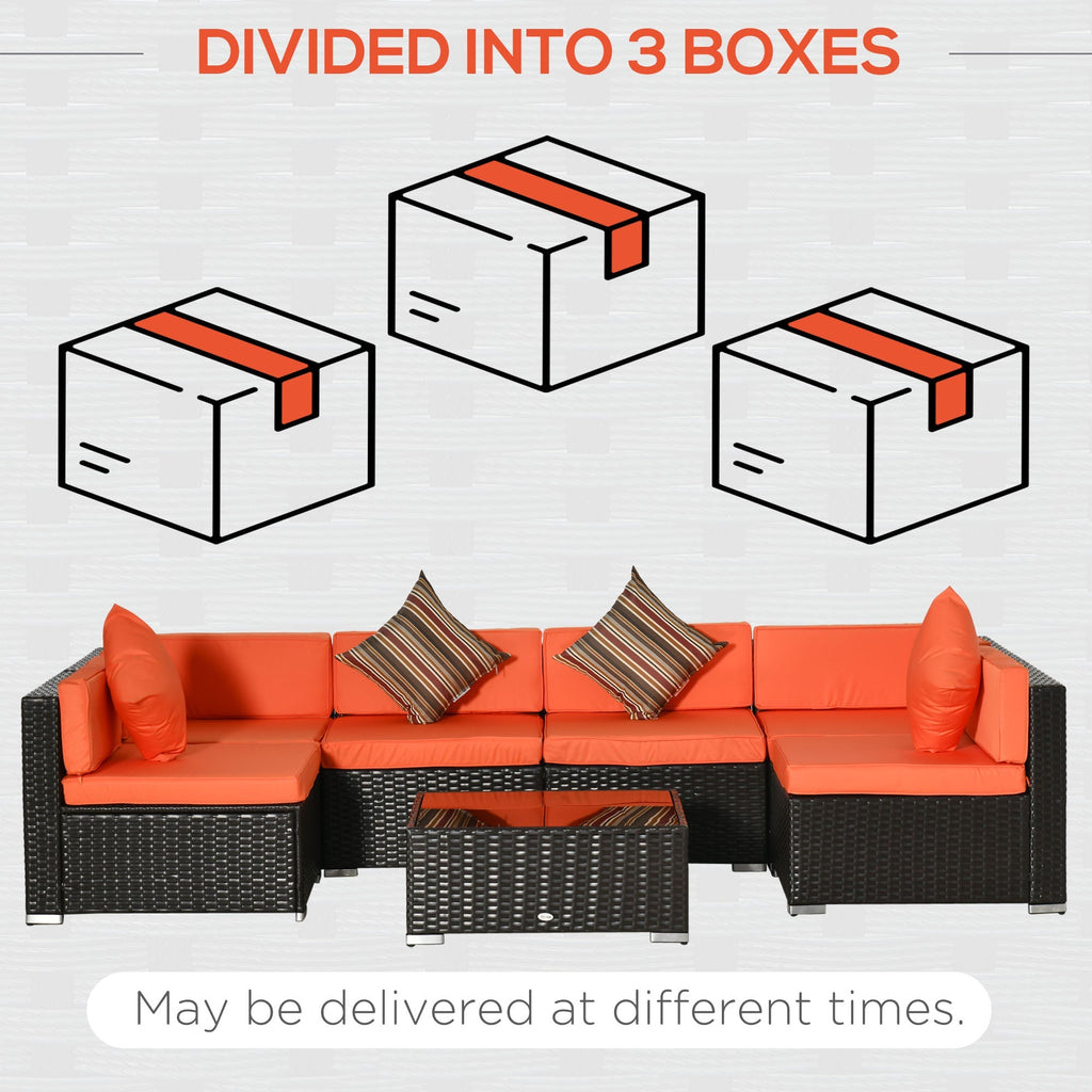 7-Piece PE Rattan Sectional Sofa Set with Glass Top and Cushions, Orange