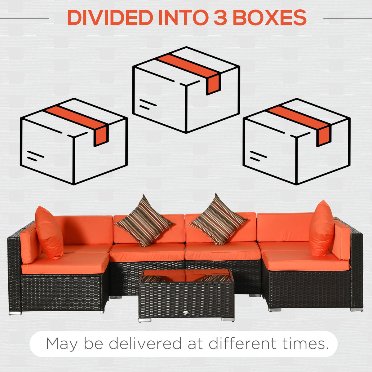 7-Piece PE Rattan Sectional Sofa Set with Glass Top and Cushions, Orange