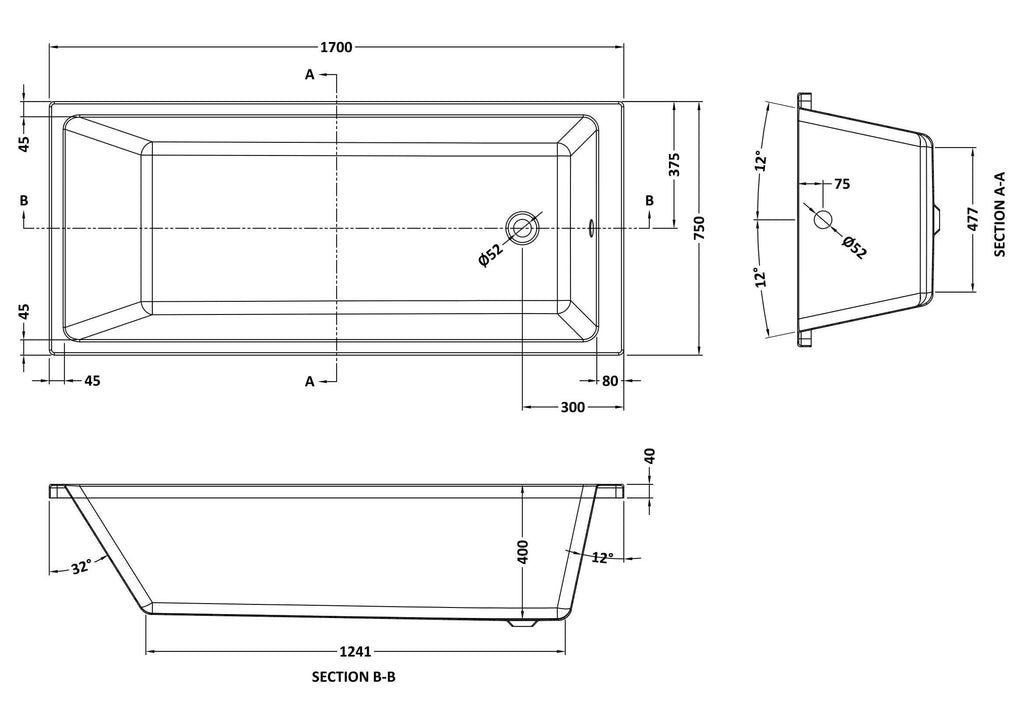 Terra Thin Edge Rectangular Single Ended Bath with Legs - White