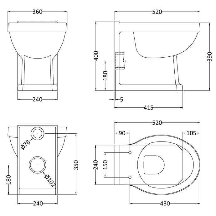 Classique Traditional Back to Wall Toilet with Seat - White
