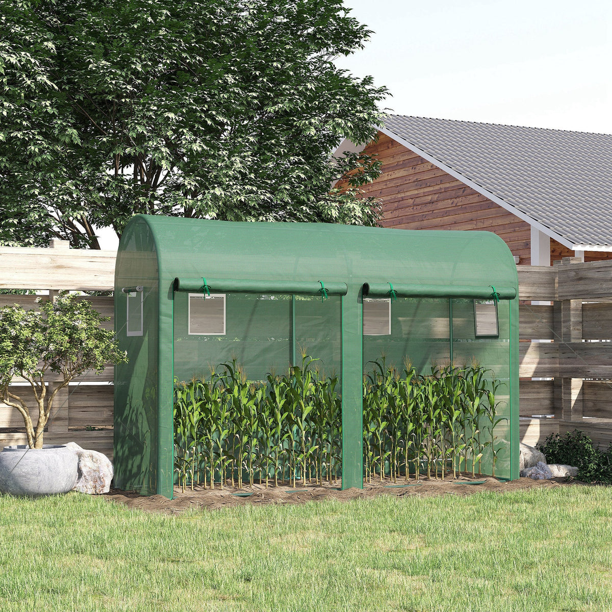9.8' x 3.3' x 6.6' Steel Frame Greenhouse with PE Cover & Windows, Green
