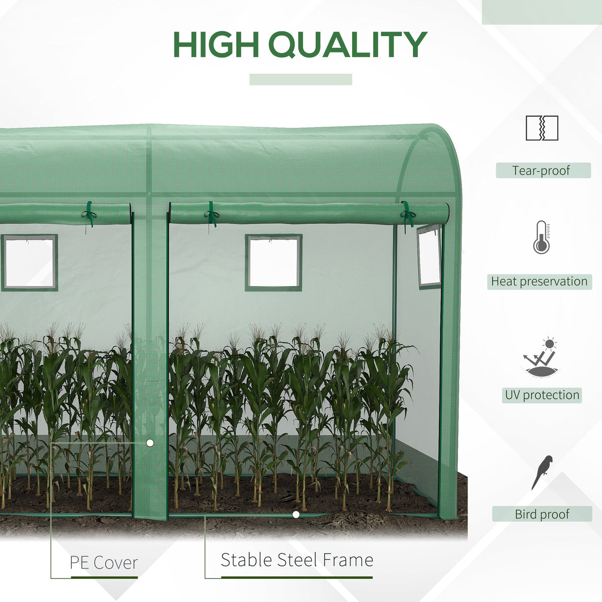 9.8' x 3.3' x 6.6' Steel Frame Greenhouse with PE Cover & Windows, Green