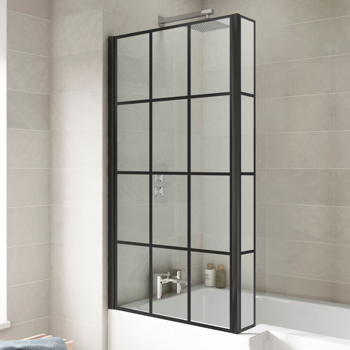 Willow Square 6mm Glass Framed Bath Screen with Fixed Return Panel - 1430mm x 795mm - Matt Black