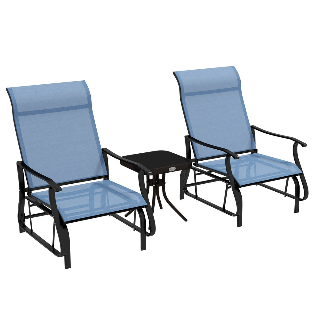 3 Piece Gliding Rocking Chair w/ Mesh Seat & Bistro Tea Table w/ Glass Top, Light Blue