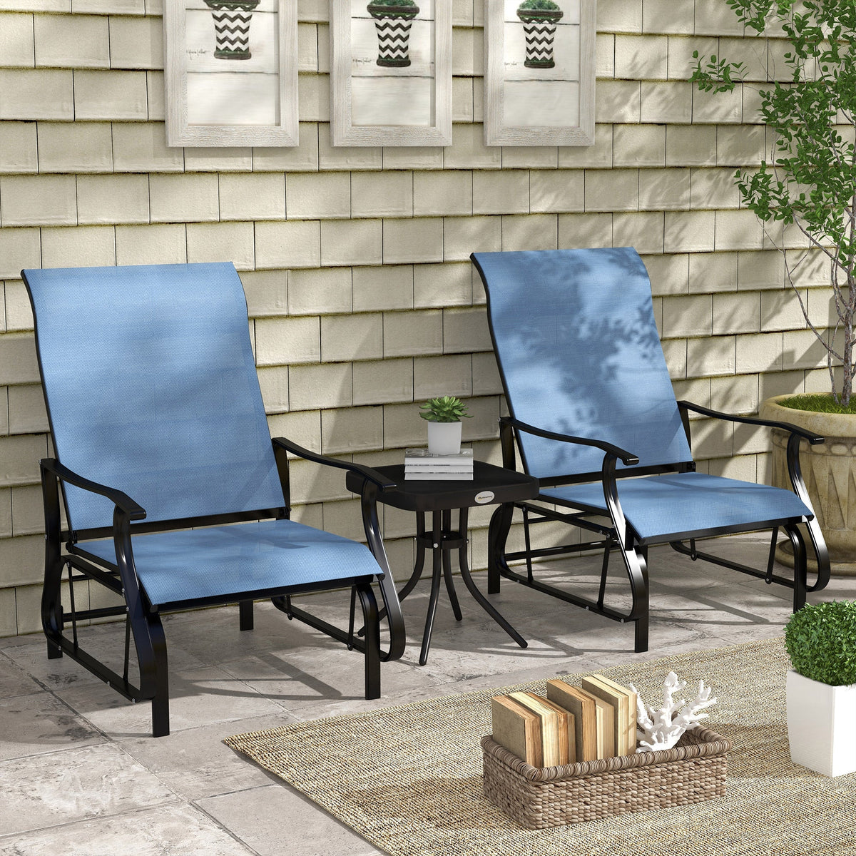 3 Piece Gliding Rocking Chair w/ Mesh Seat & Bistro Tea Table w/ Glass Top, Light Blue