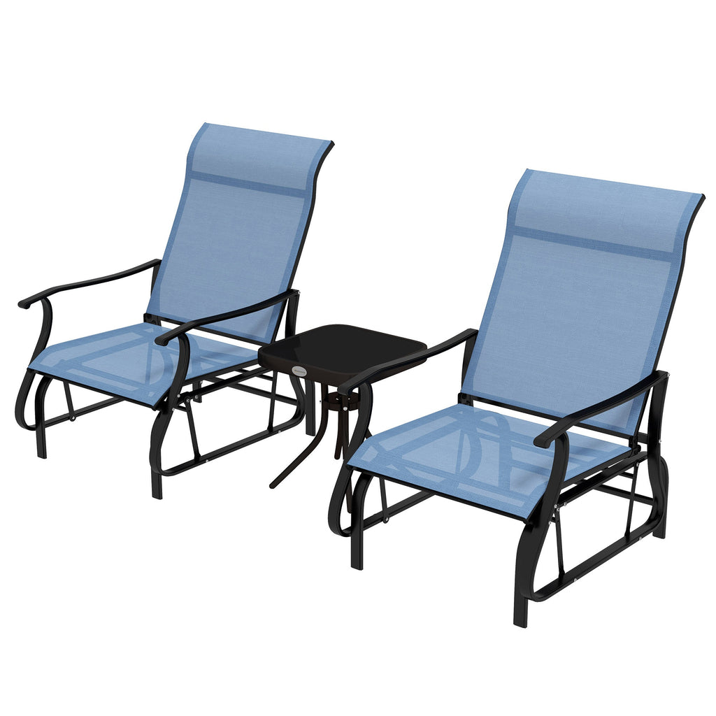 3 Piece Gliding Rocking Chair w/ Mesh Seat & Bistro Tea Table w/ Glass Top, Light Blue