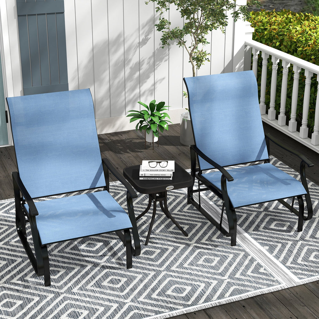 3 Piece Gliding Rocking Chair w/ Mesh Seat & Bistro Tea Table w/ Glass Top, Light Blue