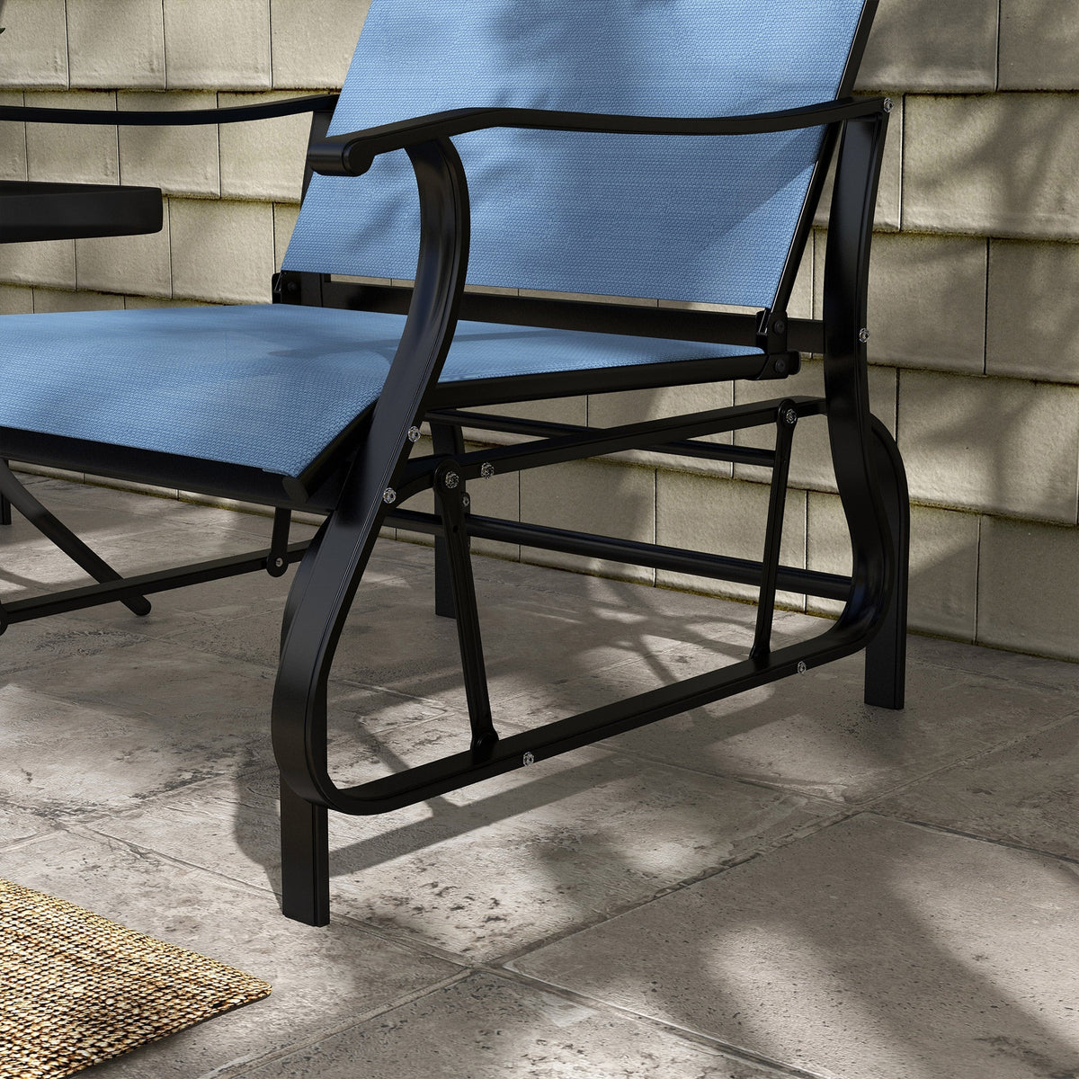 3 Piece Gliding Rocking Chair w/ Mesh Seat & Bistro Tea Table w/ Glass Top, Light Blue