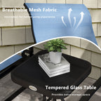 3 Piece Gliding Rocking Chair w/ Mesh Seat & Bistro Tea Table w/ Glass Top, Light Blue
